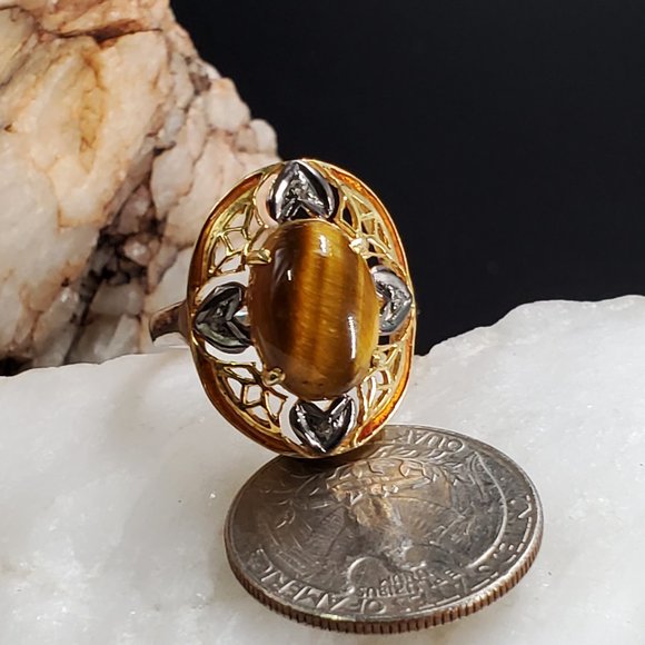 Sterling Silver 925/18k Gold Ring Tiger Eye Raw Diamonds Unique Designer Jewelry - Picture 6 of 10